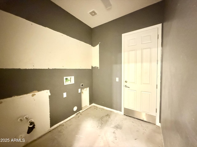 clothes washing area with hookup for a gas dryer, washer hookup, and hookup for an electric dryer