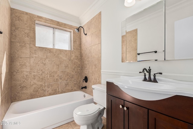 full bathroom featuring tile patterned flooring, shower / washtub combination, toilet, ornamental molding, and vanity