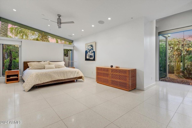 bedroom with ceiling fan and light tile floors