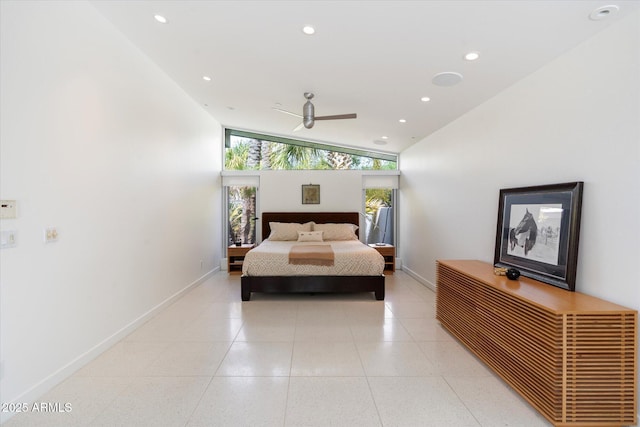 tiled bedroom with vaulted ceiling