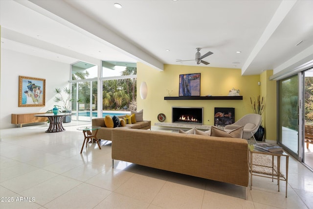 tiled living room featuring ceiling fan and lofted ceiling with beams