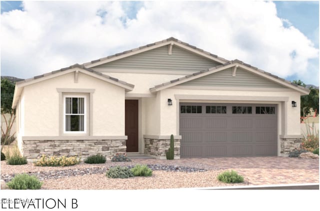craftsman house with stone siding, stucco siding, a garage, and driveway