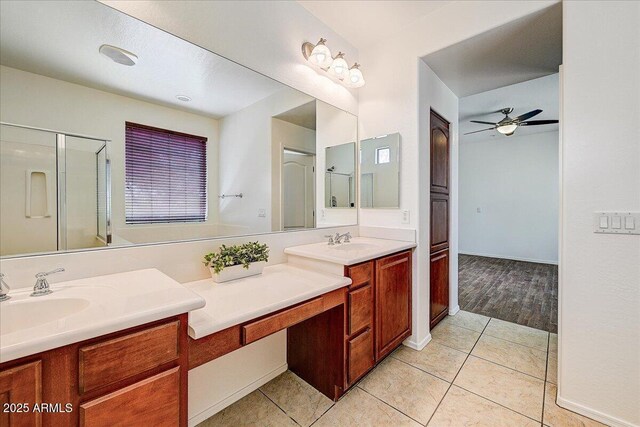 12775 W Lowden Rd, Peoria, AZ 85383 - full bath featuring vanity, tile patterned floors, a shower with door, and a ceiling fan