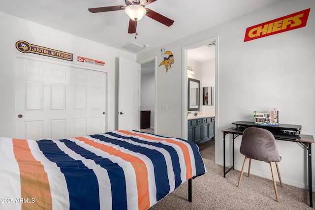 723 E Gemini Pl, Chandler, AZ 85249 - carpeted bedroom with a closet, a ceiling fan, and connected bathroom
