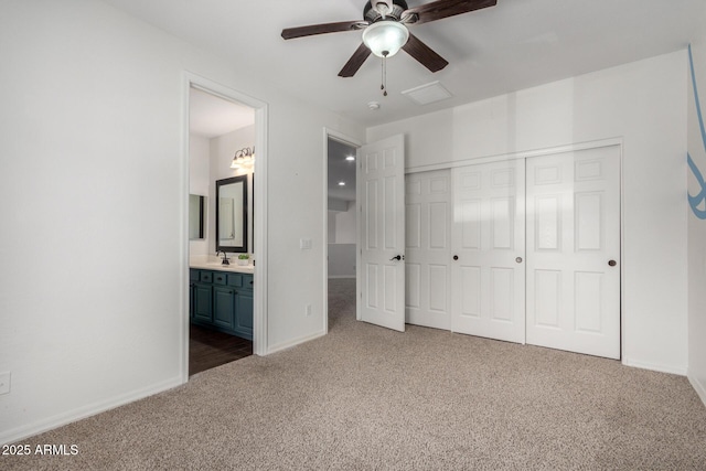 723 E Gemini Pl, Chandler, AZ 85249 - unfurnished bedroom featuring carpet floors, a closet, ensuite bathroom, and a ceiling fan