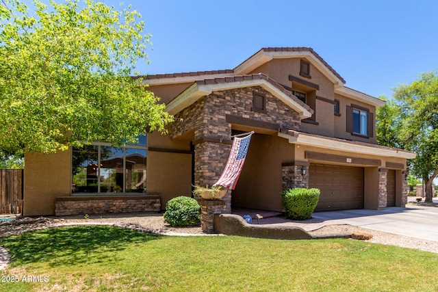 723 E Gemini Pl, Chandler, AZ 85249 - view of front of property with stone siding, stucco siding, driveway, a front yard, and an attached garage