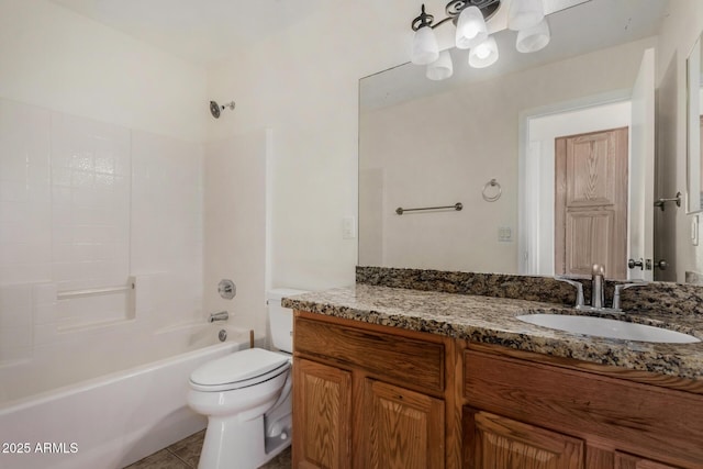 full bathroom featuring toilet, tile patterned flooring, shower / bathtub combination, and vanity