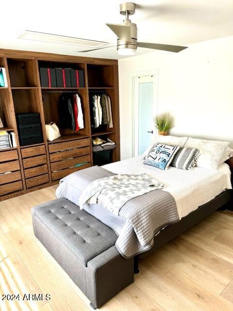 bedroom with ceiling fan, a closet, and light hardwood / wood-style floors