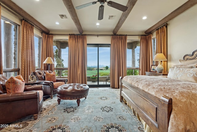 carpeted bedroom featuring ceiling fan, access to outside, and beamed ceiling