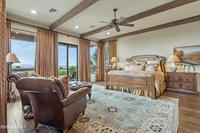 bedroom with beam ceiling, ceiling fan, access to exterior, and dark hardwood / wood-style flooring