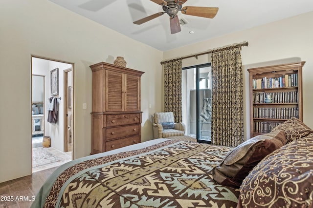 bedroom with ceiling fan, wood-type flooring, and access to outside