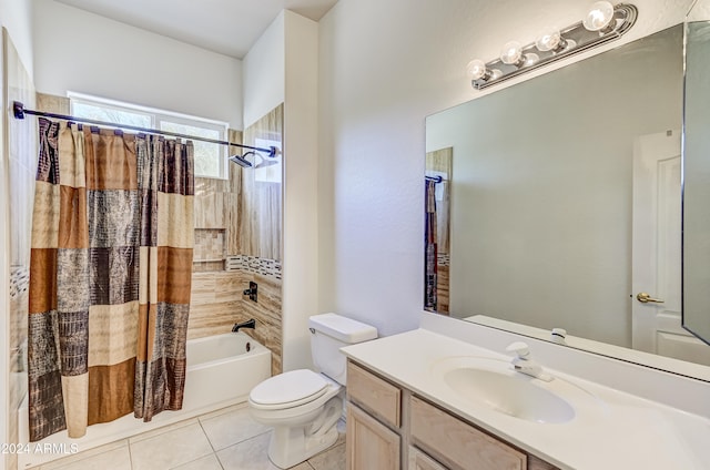 full bathroom with toilet, shower / bathtub combination with curtain, tile patterned floors, and vanity