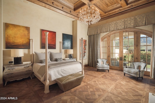 bedroom with beamed ceiling, coffered ceiling, a high ceiling, a notable chandelier, and access to outside