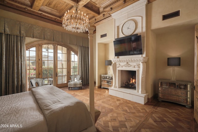 bedroom featuring a fireplace, french doors, beamed ceiling, and coffered ceiling