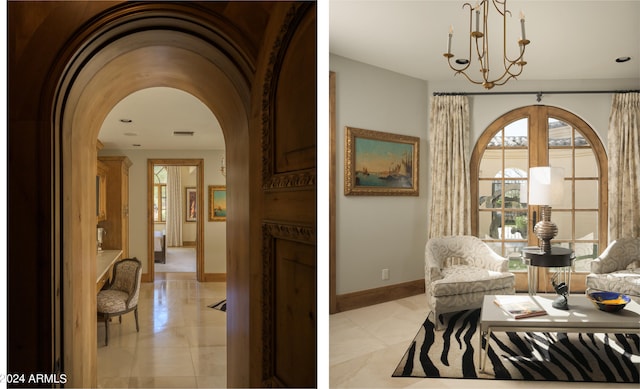 interior space featuring an inviting chandelier and light tile patterned floors