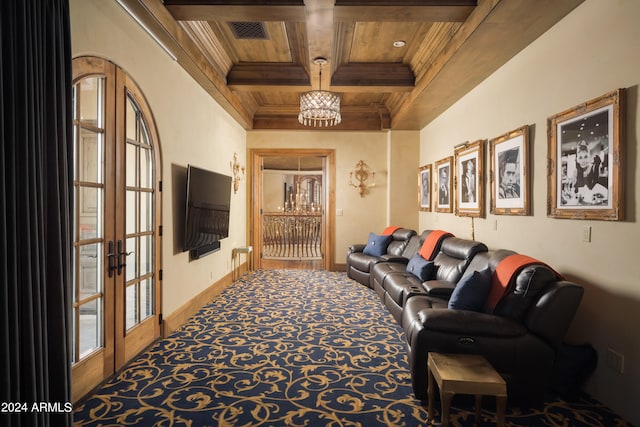 interior space featuring coffered ceiling, wooden ceiling, carpet floors, beam ceiling, and french doors