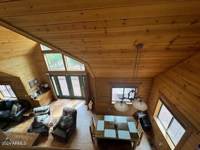 unfurnished living room with lofted ceiling, a healthy amount of sunlight, wooden walls, and french doors