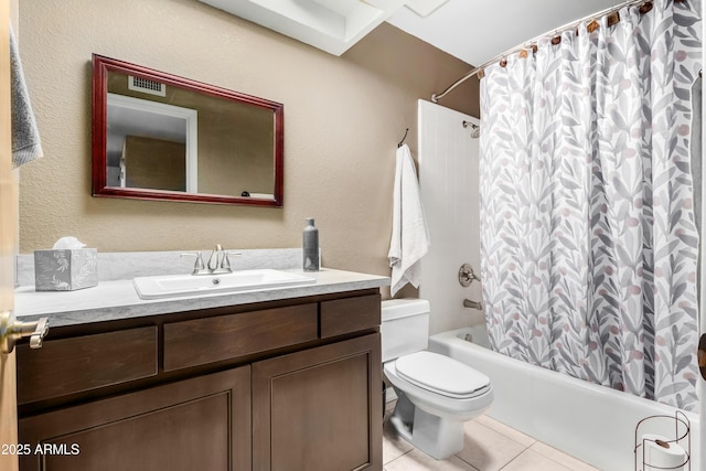 full bathroom with toilet, tile patterned floors, shower / bath combo, and vanity