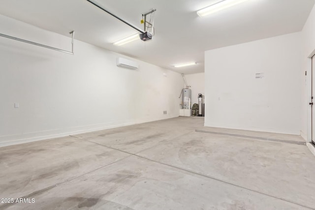 garage featuring water heater, a garage door opener, and a wall unit AC