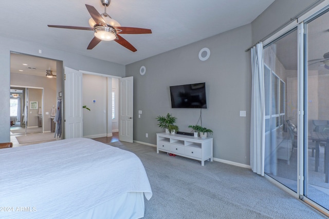 carpeted bedroom featuring access to outside and ceiling fan