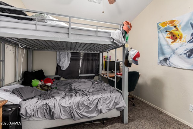 bedroom featuring ceiling fan and carpet