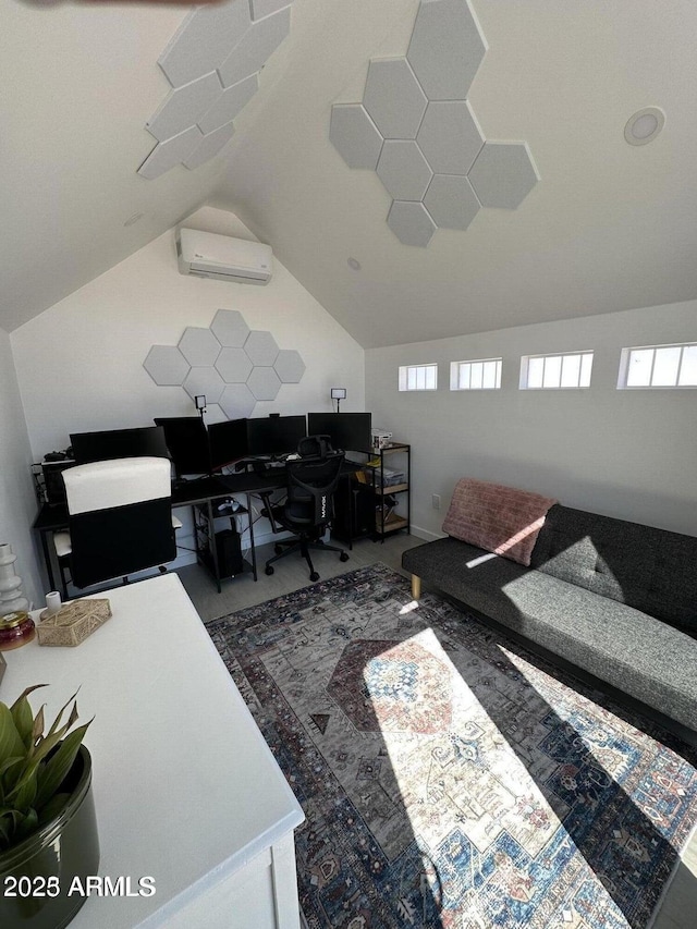 112 W Vogel Ave, Phoenix, AZ 85021 - living area featuring a wall mounted AC, vaulted ceiling, an office area, and carpet