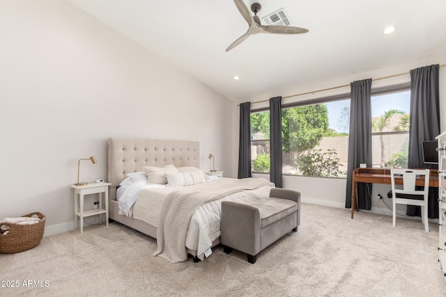 bedroom with lofted ceiling, light carpet, recessed lighting, ceiling fan, and baseboards