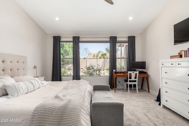 bedroom with carpet floors, multiple windows, recessed lighting, and baseboards