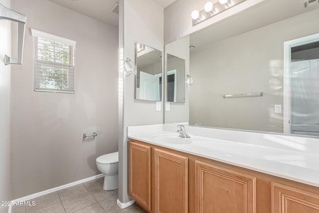 bathroom featuring vanity, visible vents, toilet, baseboards, and tile patterned floors