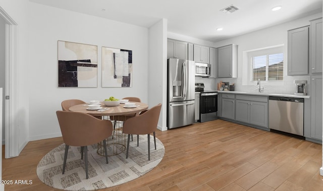 kitchen featuring gray cabinetry, light wood-style flooring, a sink, stainless steel appliances, and decorative backsplash