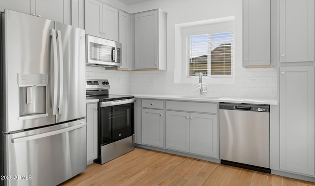 kitchen with a sink, tasteful backsplash, appliances with stainless steel finishes, and light countertops