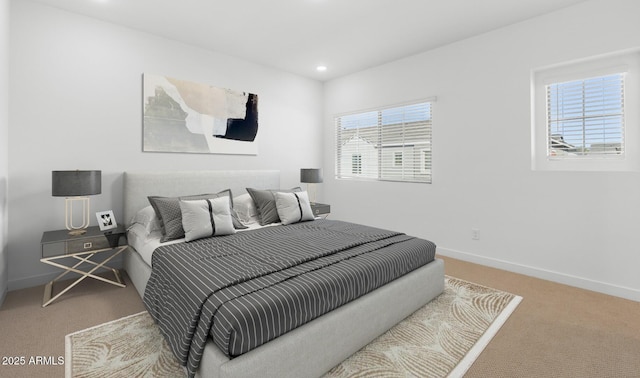 bedroom with recessed lighting, carpet, and baseboards