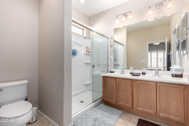 bathroom featuring tile patterned flooring, vanity, toilet, and a shower with door