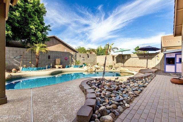 view of swimming pool featuring a patio area, a fenced backyard, and a fenced in pool