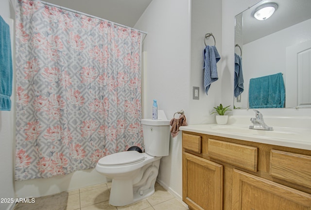 bathroom with tile patterned flooring, shower / bathtub combination with curtain, toilet, and vanity