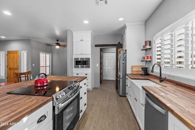 kitchen featuring ceiling fan, sink, a barn door, butcher block countertops, and appliances with stainless steel finishes