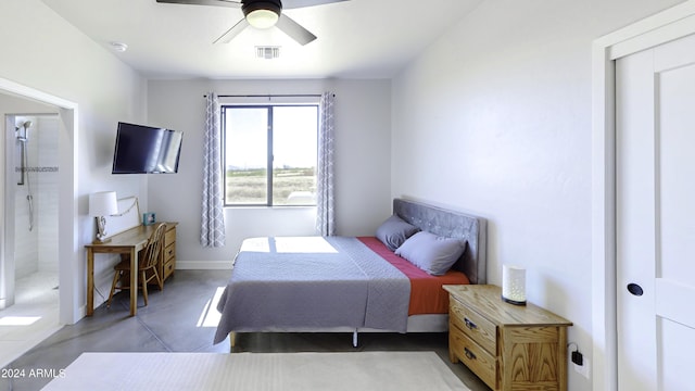 bedroom featuring ceiling fan and a closet