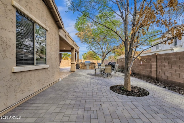 view of patio / terrace featuring exterior kitchen, outdoor dining area, and a fenced backyard