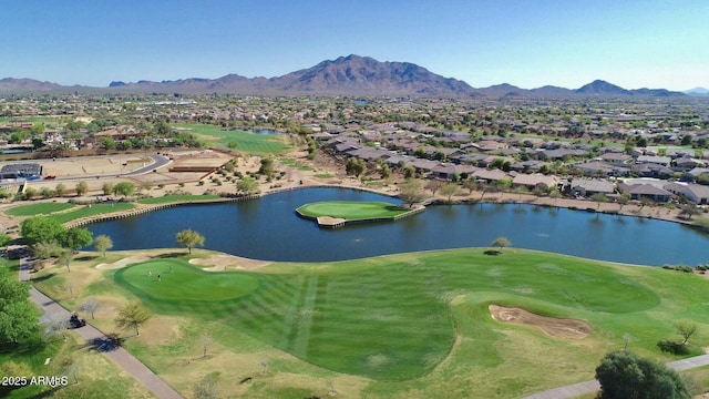 bird's eye view with a residential view, a water and mountain view, and view of golf course