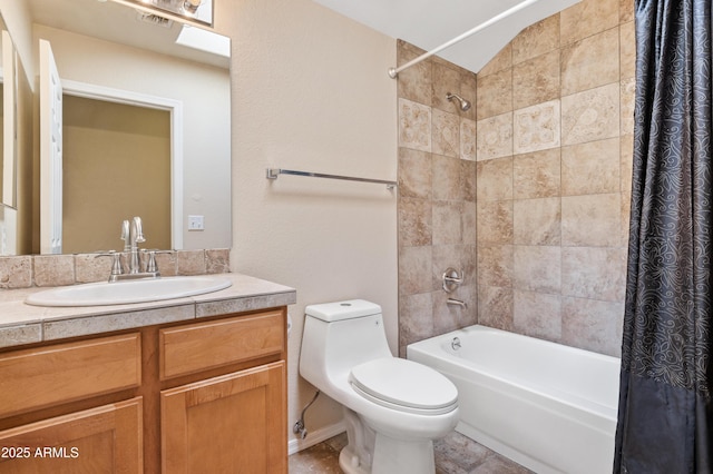 full bathroom with vanity, shower / bath combination with curtain, and toilet