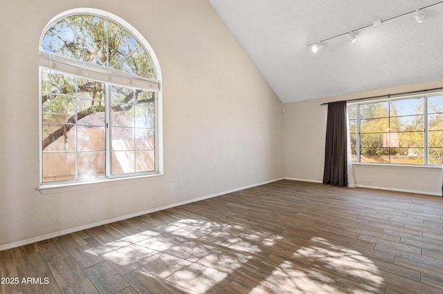 empty room featuring wood-type flooring and high vaulted ceiling