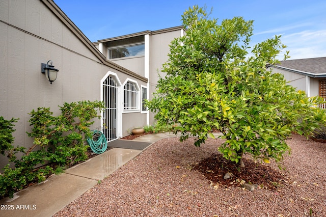 doorway to property featuring stucco siding