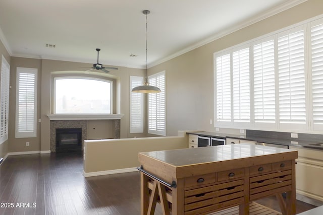 kitchen featuring dark wood finished floors, crown molding, decorative light fixtures, and ceiling fan