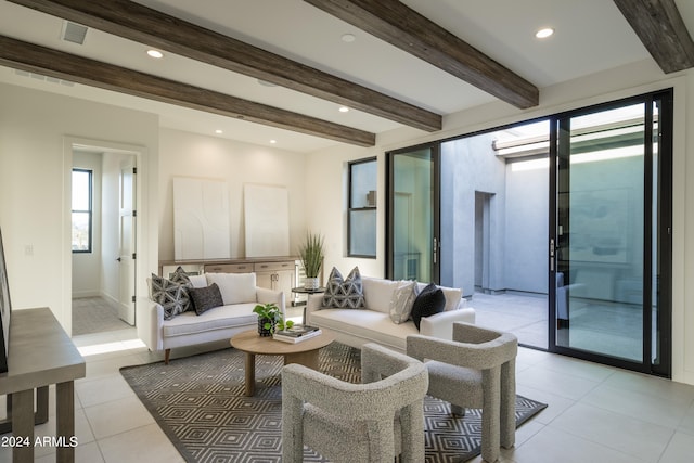 34749 N 83rd Way, Scottsdale, AZ 85266 - living room featuring french doors, light tile flooring, and beamed ceiling