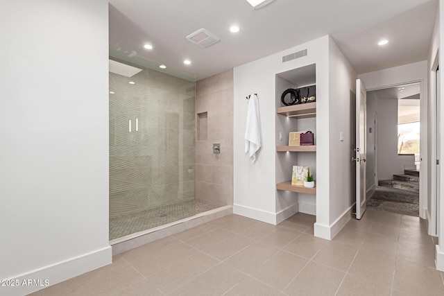 bathroom with visible vents, built in features, baseboards, tile patterned floors, and recessed lighting