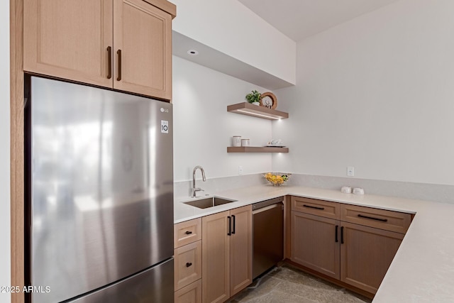 kitchen with stainless steel appliances, light countertops, open shelves, a sink, and recessed lighting