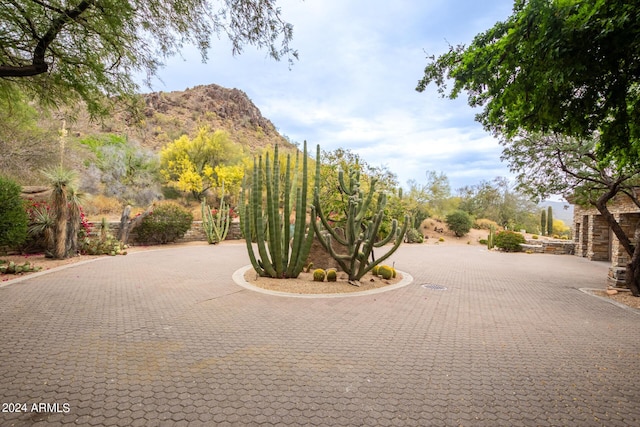 surrounding community featuring decorative driveway and a mountain view