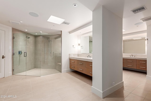 bathroom with a sink, a shower stall, visible vents, and two vanities