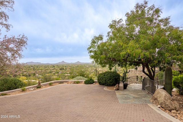 view of patio with a mountain view