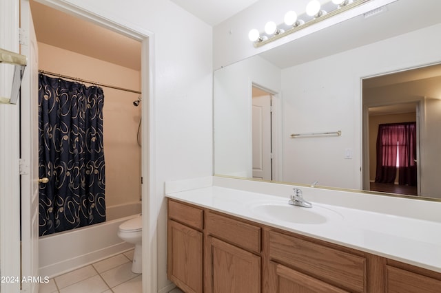 full bathroom featuring vanity, tile patterned floors, toilet, and shower / bathtub combination with curtain